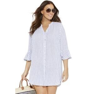 Swimsuits For All Swim Cover Up X-Large Linen Blend Oversized Big Shirt Striped